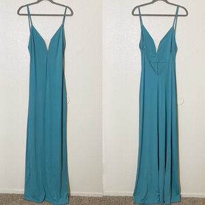Fabiana Milazzo Teal V Neck Low Back Fitted Maxi Dress